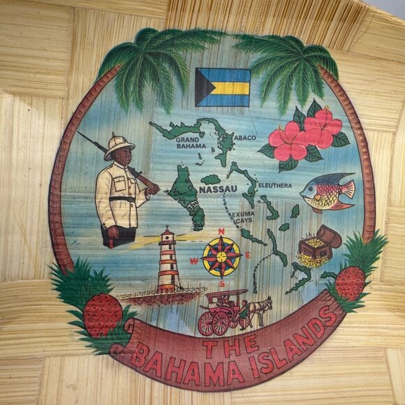 Vtg Bahama Islands Souvenir Bamboo Light Trinket Tray Bowl Tan Map Imagery - Picture 7 of 11